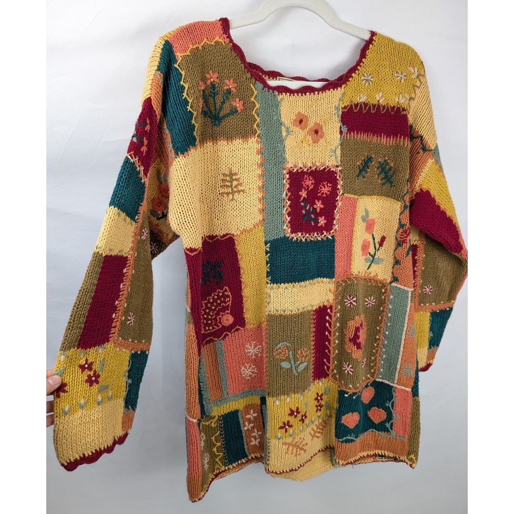 Vintage 90s Patchwork Floral 3D Embroidered Sweater Sz M Cottagecore Fall Granny
